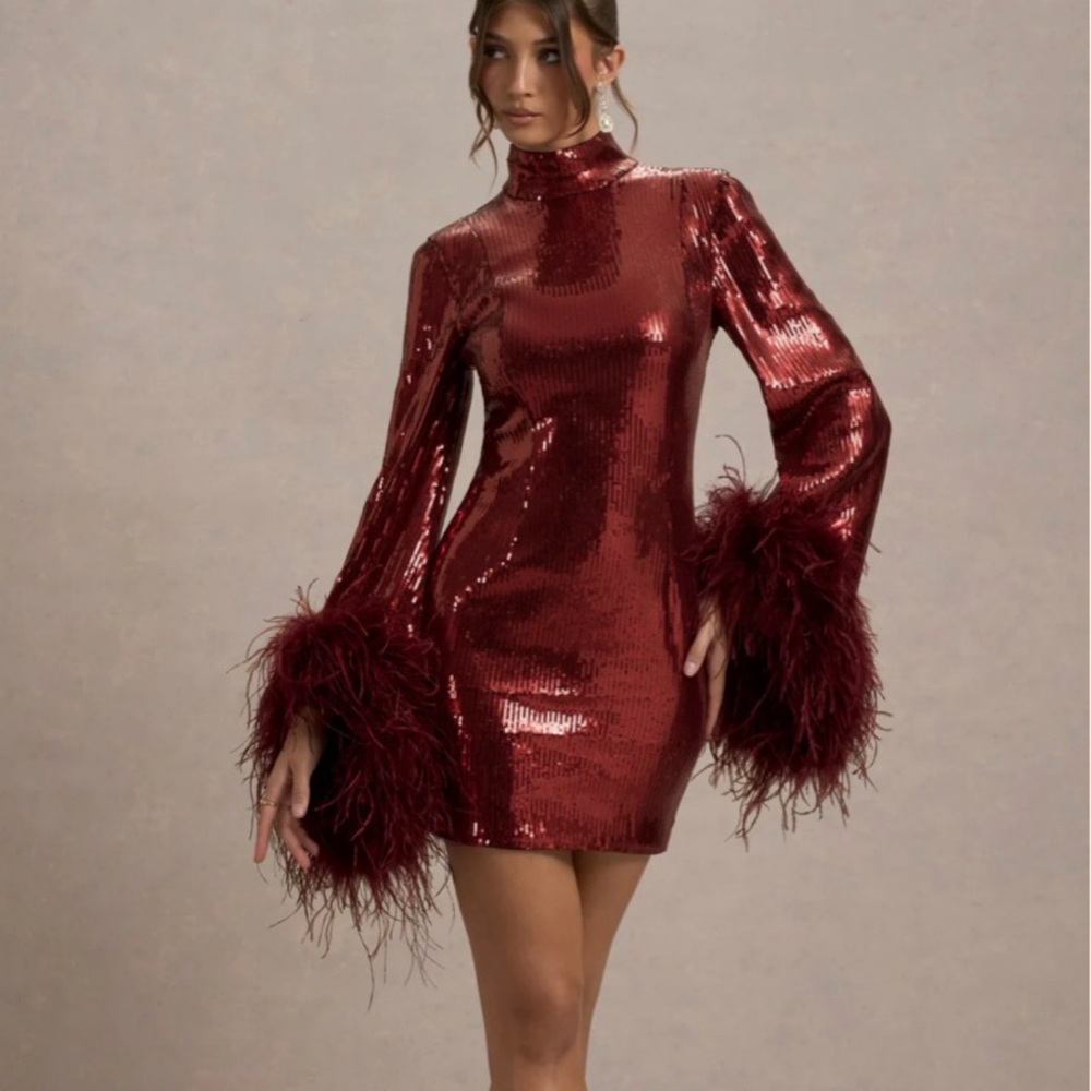 Club London Burgundy Sequin Mini Dress with High Neck and Feathered Sleeves